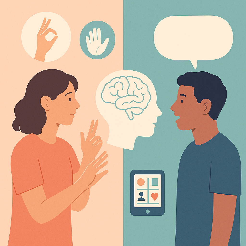 un’illustrazione in stile flat che mostra chiaramente la differenza tra modalità espressive: a sinistra una persona che utilizza la lingua dei segni e un dispositivo CAA, a destra una che parla con baloon e c’è un simbolo di cervello al centro per sottolineare la competenza simbolica