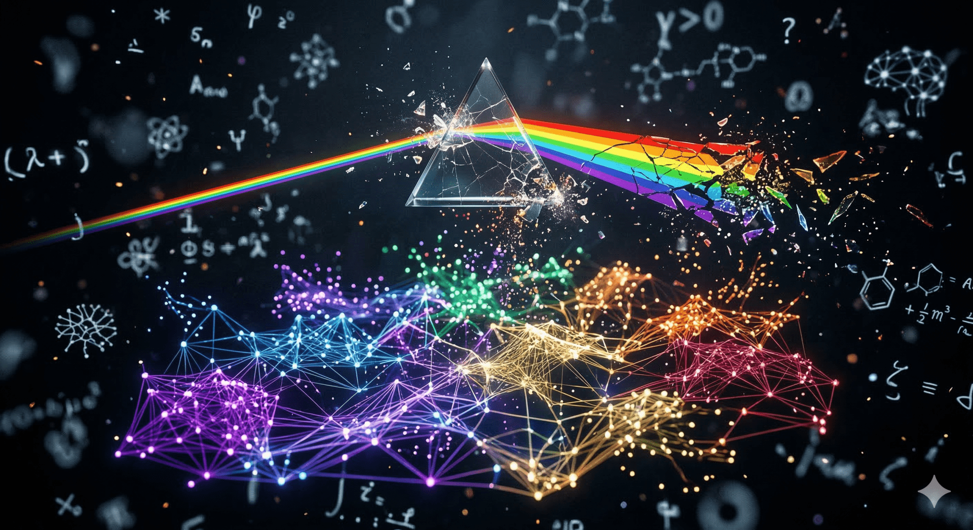 A striking, conceptual image showing a fragile, thin prism creating a basic, single-line rainbow spectrum. This linear spectrum is visibly cracking and shattering like old glass. Emerging and rising from beneath the broken line is a majestic, complex, multi-layered 3D holographic map composed of glowing, interconnected nodes, distinct color-coded clusters (not a continuum), and branching pathways. The background is dark, intellectual, and slightly chaotic with floating scientific glyphs and abstract brain connectivity patterns. High contrast, cinematic lighting, ultra-detailed, artistic representation of neurodiversity science overcoming oversimplification.