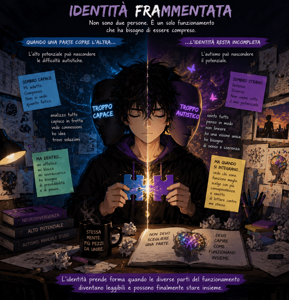 Illustrazione anime di un ragazzo con il volto diviso tra alto potenziale e autismo, che unisce due pezzi di puzzle luminosi, simbolo di un&rsquo;identit&agrave; che si integra.