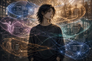 Illustrazione in stile anime realistico di un ragazzo androgino con capelli lunghi, al centro dell&rsquo;immagine. Intorno al suo corpo si intrecciano livelli trasparenti che rappresentano diversi aspetti del funzionamento umano: pensiero, emozioni, corpo, sistema nervoso, esperienze e contesto. Gli elementi sono collegati tra loro da linee e flussi luminosi, a indicare un sistema complesso e interattivo. Atmosfera calma, luce naturale, composizione equilibrata.