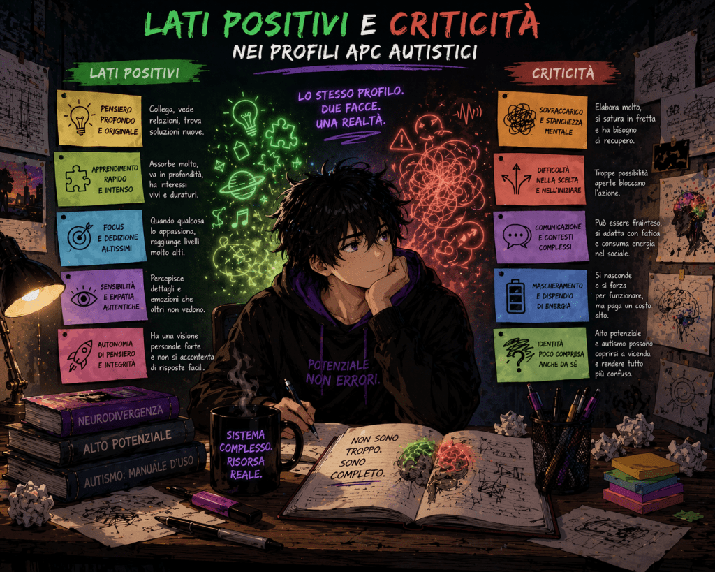 Illustrazione anime di un ragazzo al centro, con intorno due aree contrapposte: da un lato i punti di forza (pensiero profondo, apprendimento rapido, focus), dall&rsquo;altro le difficolt&agrave; (sovraccarico, fatica decisionale, dispendio di energia), che rappresentano insieme il funzionamento nei profili APC autistici.