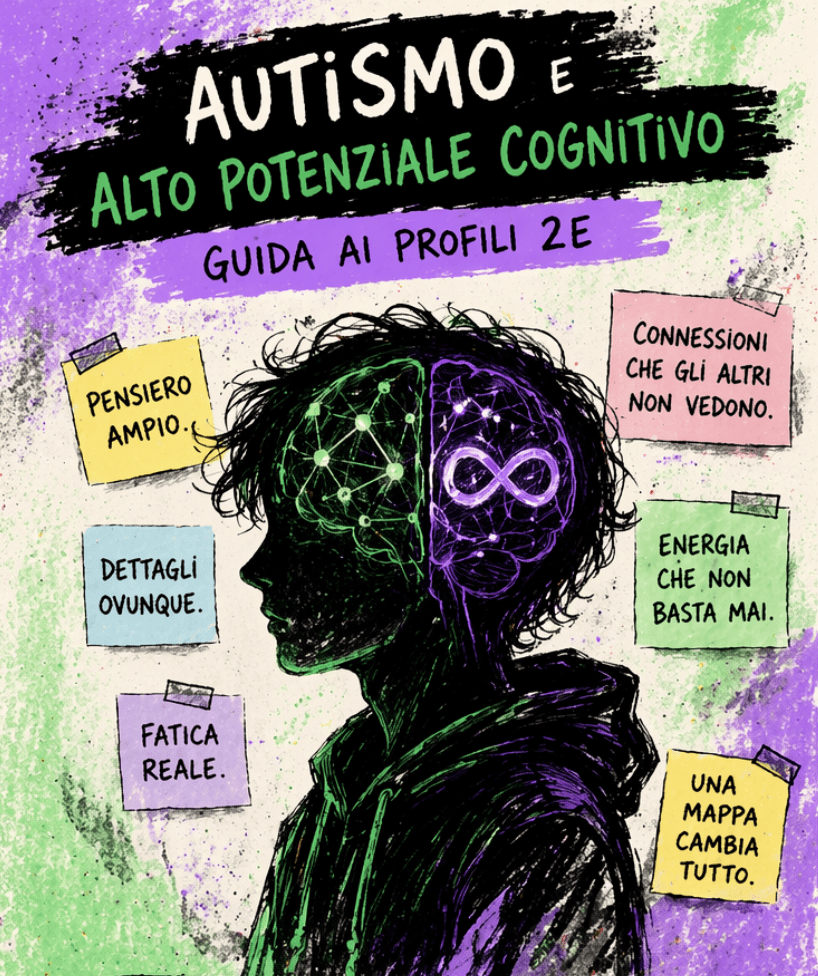 Illustrazione artistica di un profilo umano visto di lato, con il cervello rappresentato in modo stilizzato e colorato, pieno di connessioni luminose e ramificate. Attorno alla figura compaiono parole chiave come pensiero ampio, dettagli, connessioni e fatica reale. L&rsquo;immagine rappresenta il funzionamento complesso dell&rsquo;autismo e dell&rsquo;alto potenziale cognitivo.