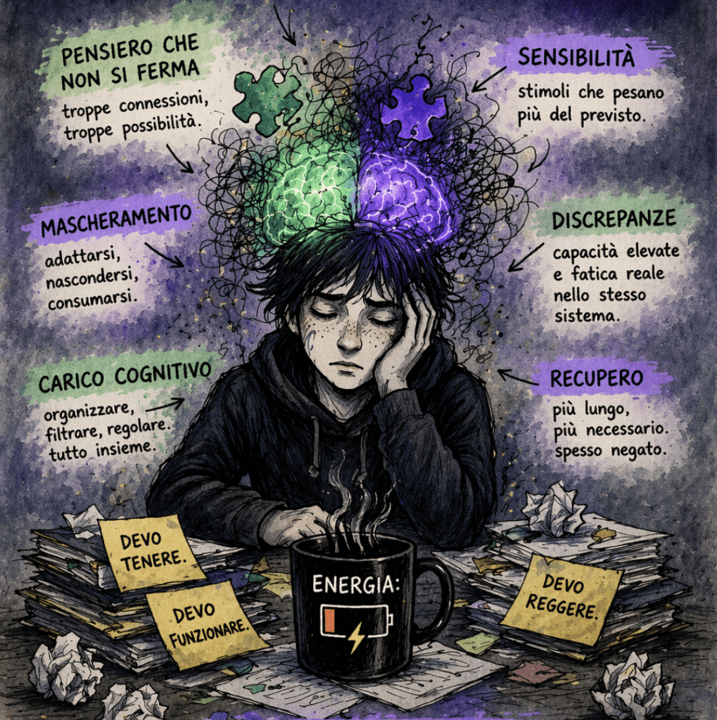 Illustrazione di una persona seduta a una scrivania, visibilmente affaticata, con la testa appoggiata su una mano. Intorno, fogli, appunti e oggetti disordinati. Sopra la testa, un groviglio di pensieri e connessioni rappresentato con linee e colori. Sono presenti parole chiave come carico cognitivo, mascheramento, sensibilit&agrave;, discrepanze e recupero. L&rsquo;immagine rappresenta il costo interno e spesso invisibile dell&rsquo;essere autistico con alto potenziale cognitivo.