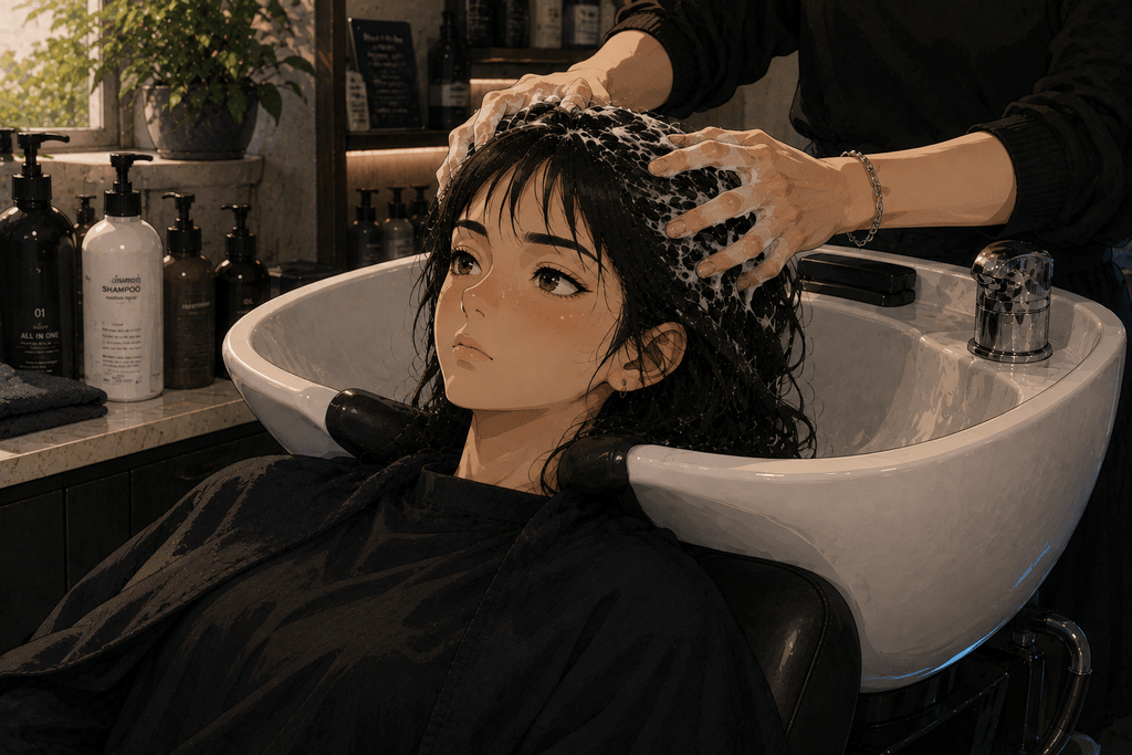 Ragazza in stile anime realistico al lavatesta del parrucchiere mentre le vengono massaggiati i capelli bagnati e insaponati.