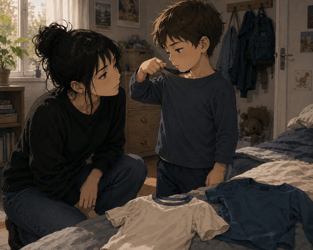 Ragazza in stile anime realistico osserva un bambino che tira il colletto della maglietta lontano dal collo, mentre sul letto sono disponibili altri capi tra cui scegliere.