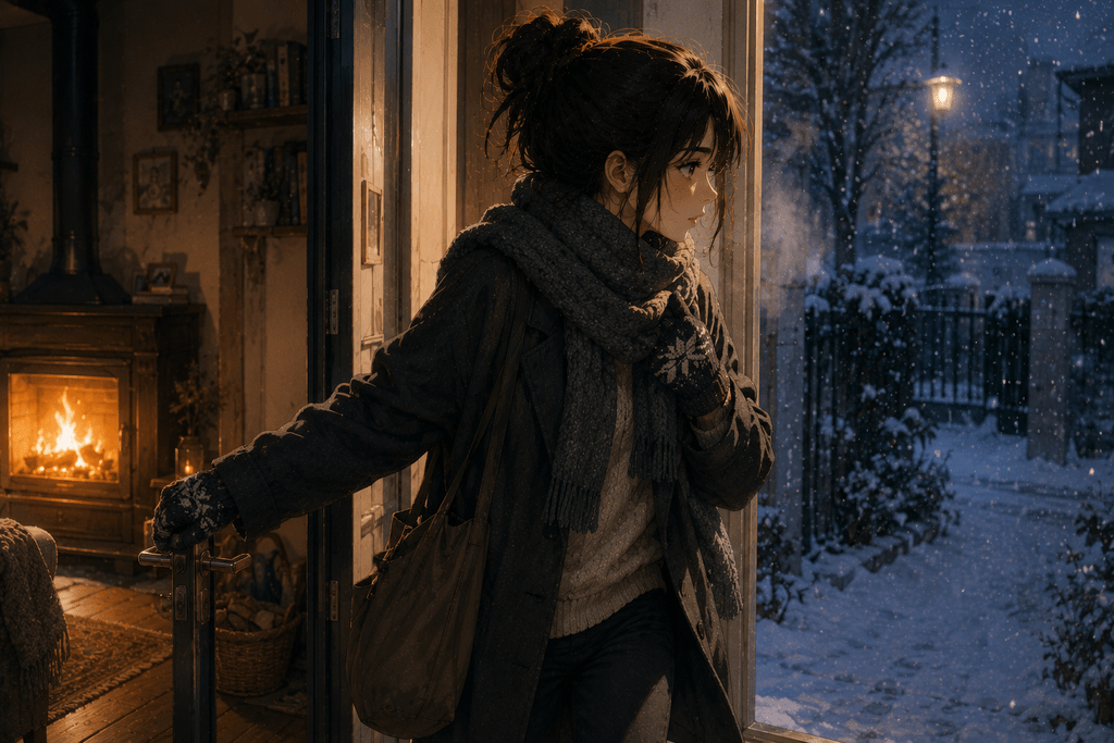 Ragazza in stile anime realistico attraversa la porta di casa vestita per l’inverno, passando dal calore del camino a un ambiente esterno innevato.
