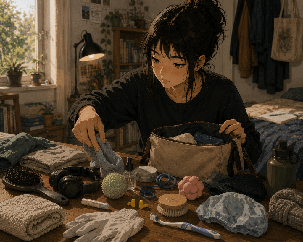 Ragazza in stile anime realistico sceglie e raccoglie in una borsa diversi oggetti e materiali utili per il proprio comfort sensoriale.