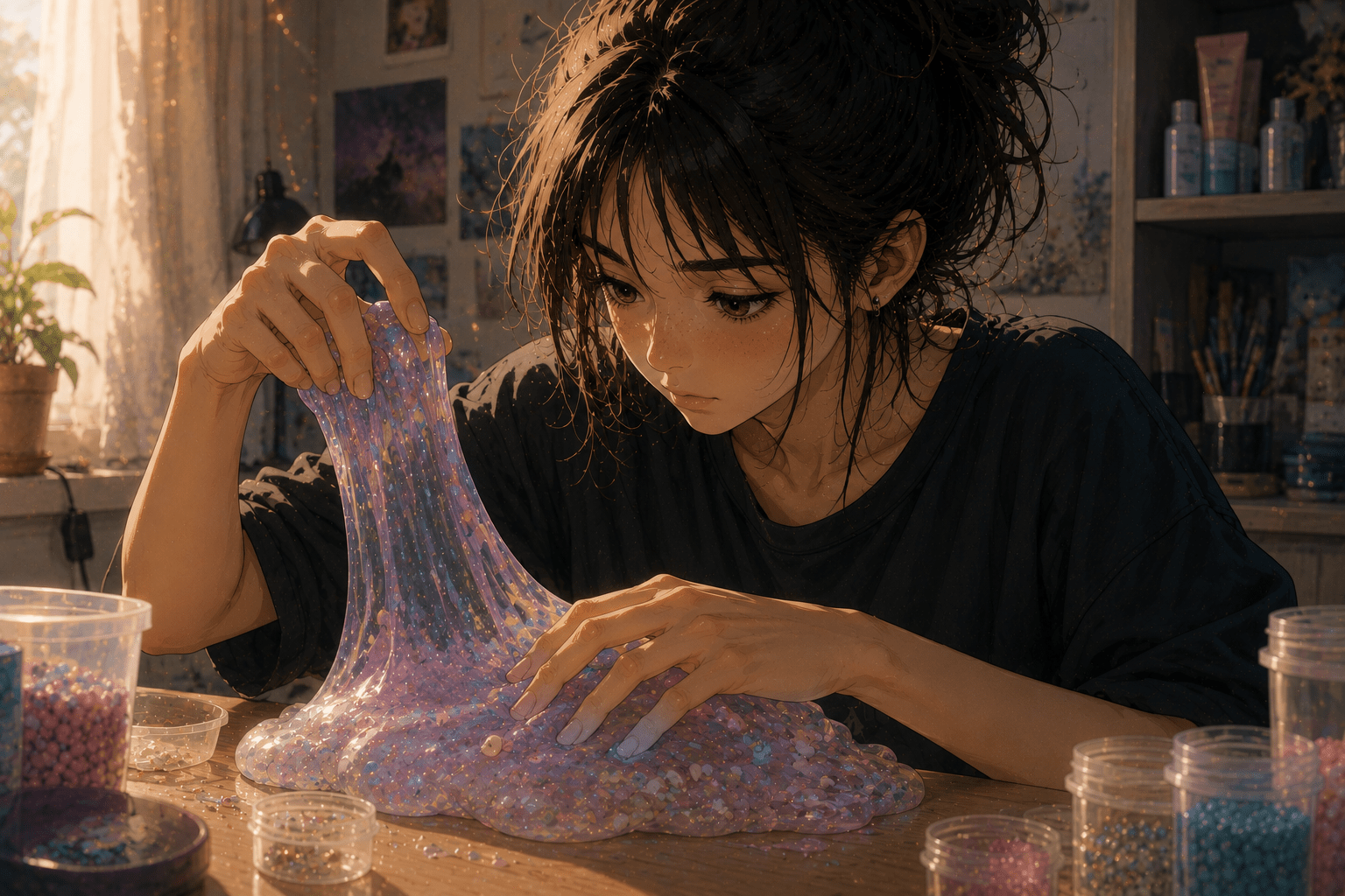 Ragazza in stile anime realistico manipola con entrambe le mani uno slime trasparente ed elastico, arricchito con piccole perline colorate.
