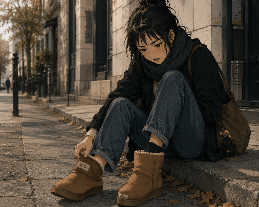 Ragazza in stile anime realistico seduta sul marciapiede si sfila uno stivaletto dopo essersi accorta di aver indossato le scarpe al contrario.