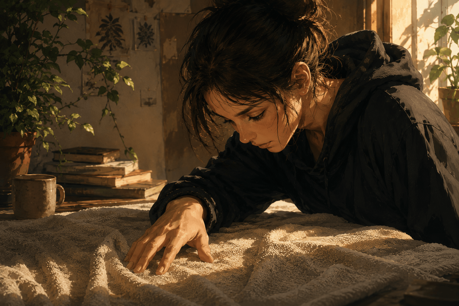 Ragazza in stile anime realistico esplora con la mano la consistenza di un tessuto, illuminata dalla luce calda del sole.