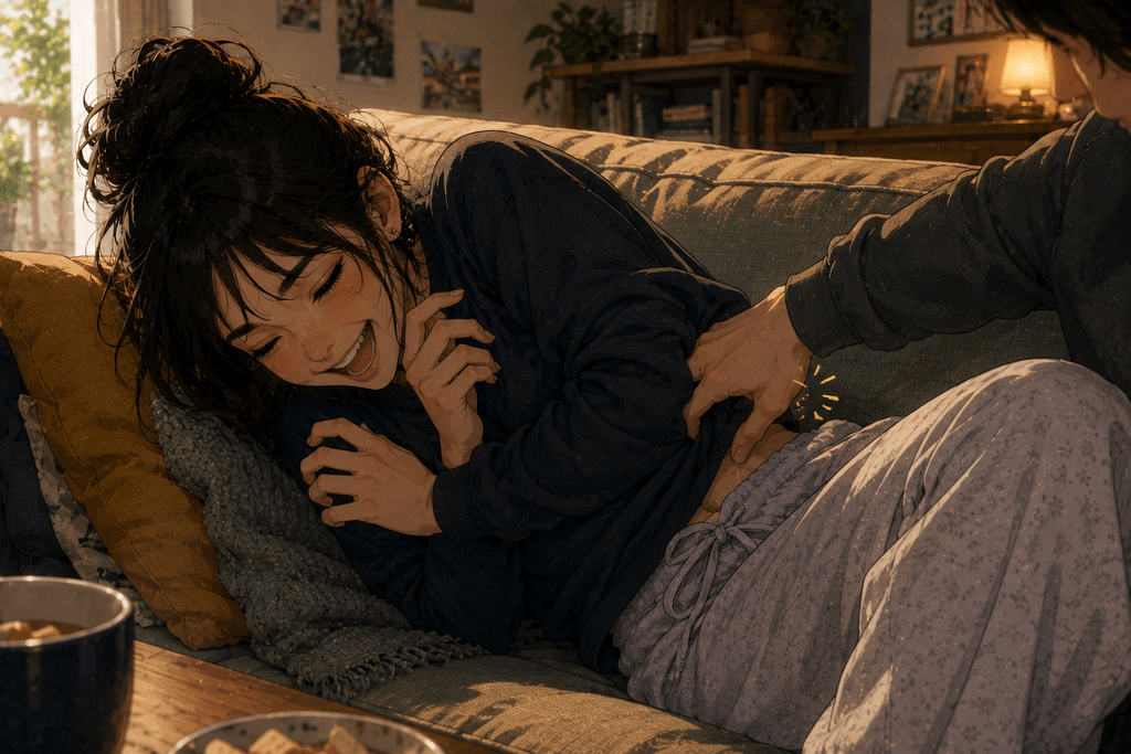 Ragazza in stile anime realistico ride e si rannicchia sul divano mentre un’altra persona le fa il solletico sul fianco.