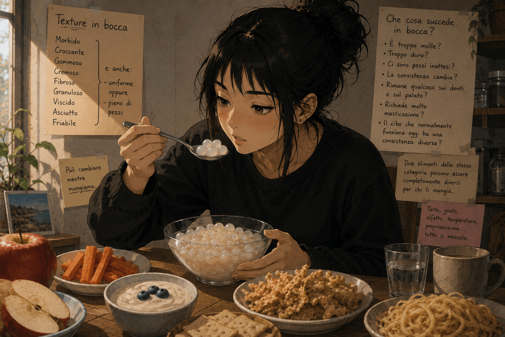 Ragazza in stile anime realistico osserva un cucchiaio con piccole sfere gelatinose, circondata da alimenti con consistenze diverse.