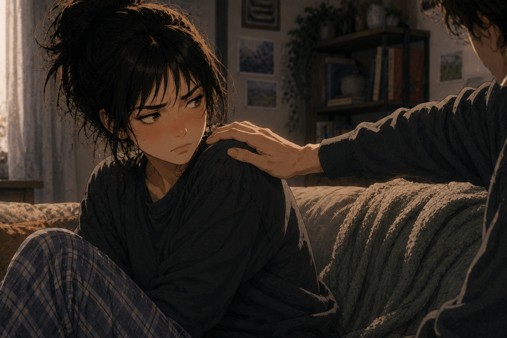 Ragazza in stile anime realistico guarda con fastidio una mano appoggiata sulla propria spalla mentre è seduta sul divano.