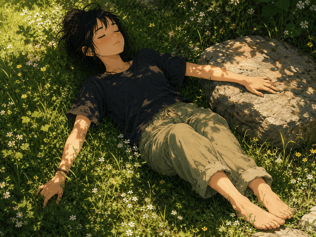 Ragazza in stile anime realistico sdraiata a piedi nudi nell’erba, con una mano tra le piante e l’altra appoggiata su una grande pietra scaldata dal sole.