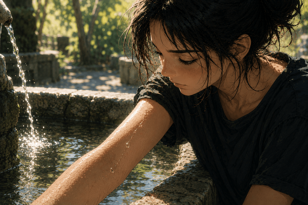 Ragazza in stile anime realistico osserva una goccia d’acqua scorrere lentamente lungo il proprio avambraccio, accanto a una fontana.