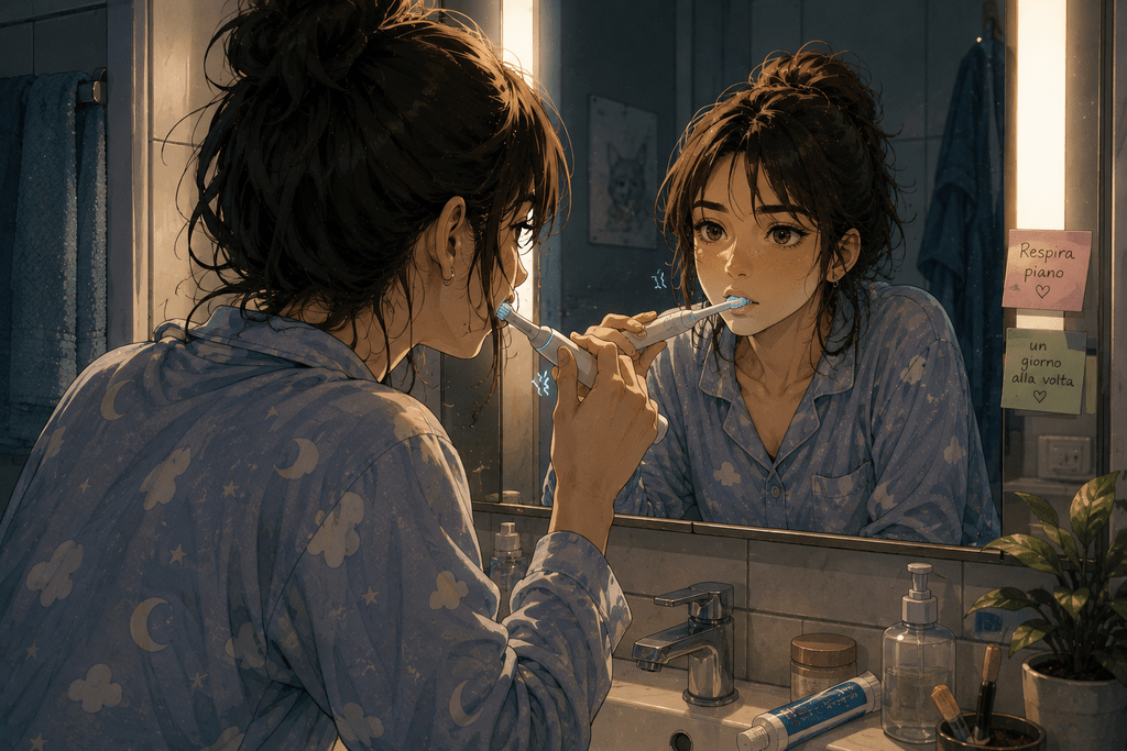 Ragazza in stile anime realistico, in pigiama davanti allo specchio del bagno, si lava i denti con uno spazzolino elettrico.