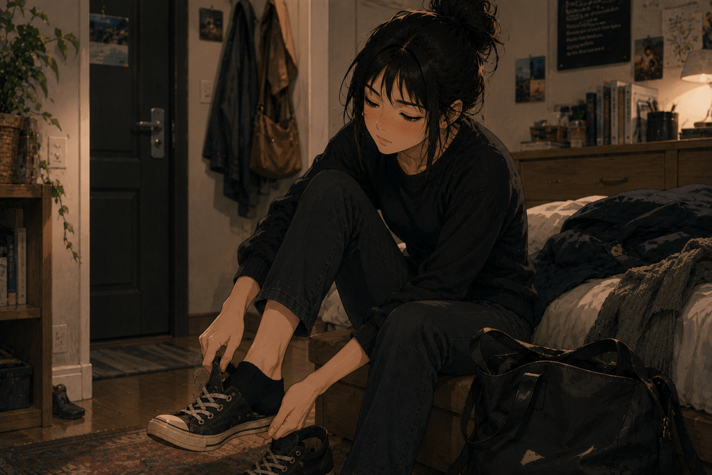Ragazza in stile anime realistico, appena rientrata a casa, si sfila le scarpe seduta sul bordo del letto, con aria stanca.