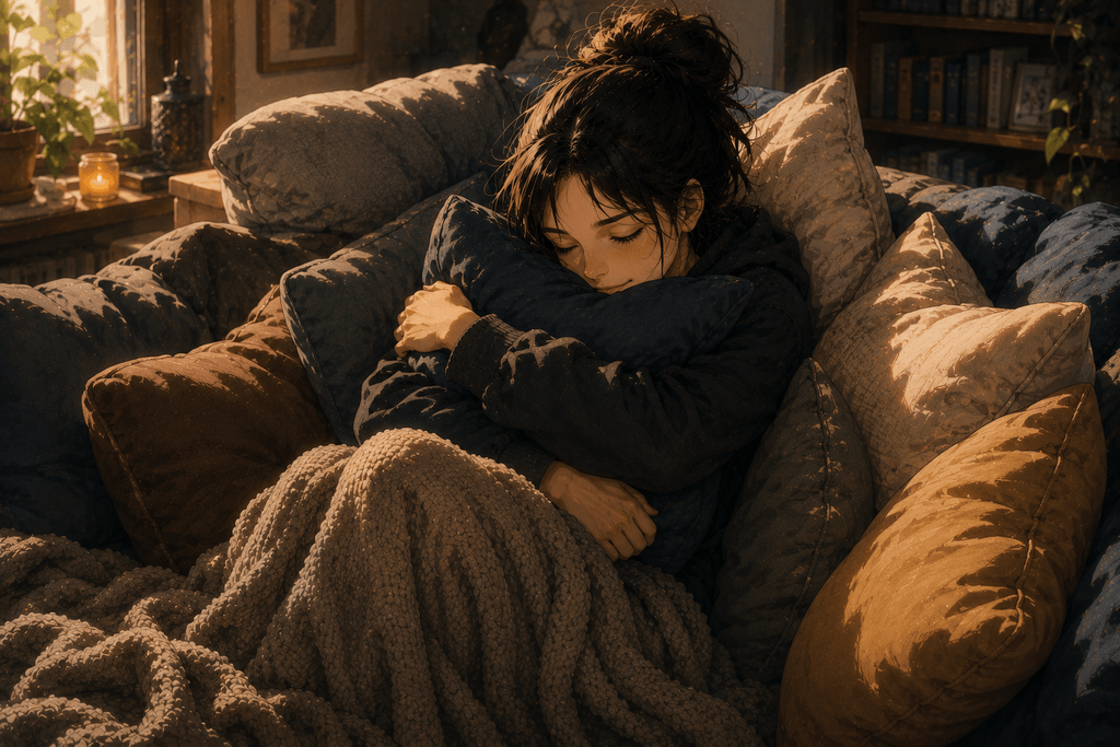 Ragazza in stile anime realistico rannicchiata tra grandi cuscini, stringe un cuscino al petto ed è avvolta da una coperta pesante.