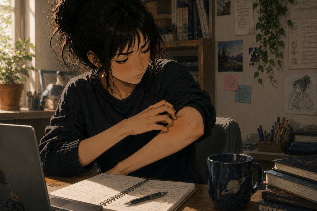 Ragazza in stile anime realistico seduta alla scrivania si gratta ripetutamente l’avambraccio, leggermente arrossato, mentre studia.