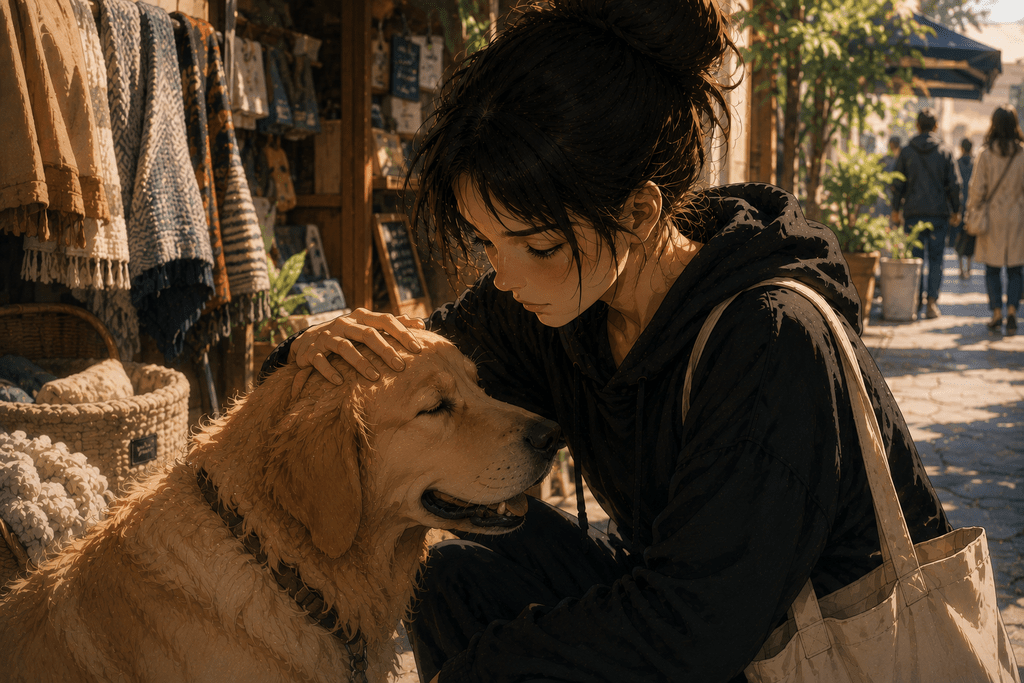 Ragazza in stile anime realistico accarezza un cane dal pelo morbido davanti a un negozio di tessuti e coperte.
